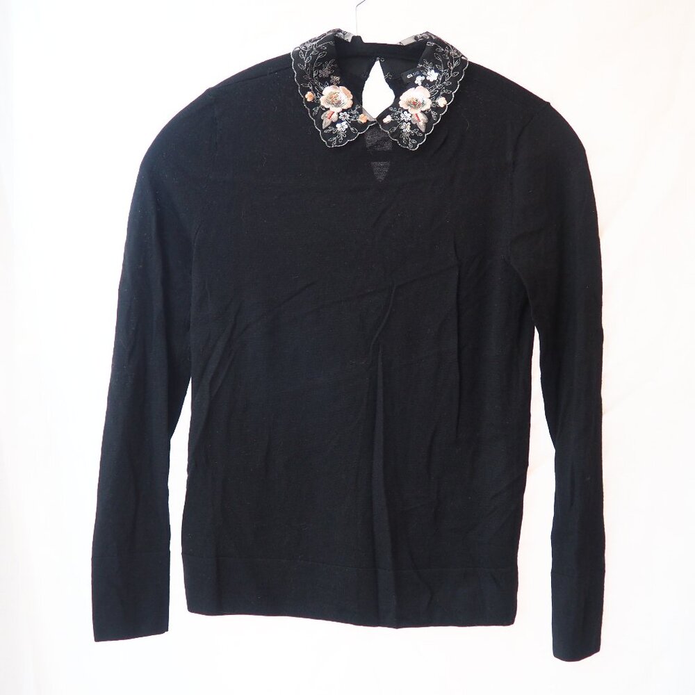 Club Monaco 100% Extrafine Merino Wool Top with Floral Collar